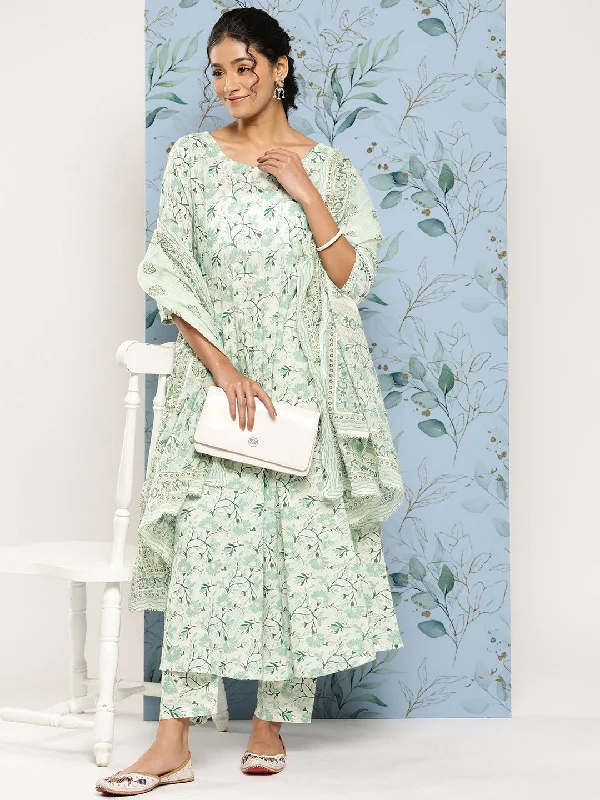Women's Green Printed Anarkali Kurta With Trouser and Dupatta - Nayo Clothing Trousers Running Lightweight Women's Green Printed Anarkali Kurta With Trouser and Dupatta - Nayo Clothing Trousers Running Lightweight