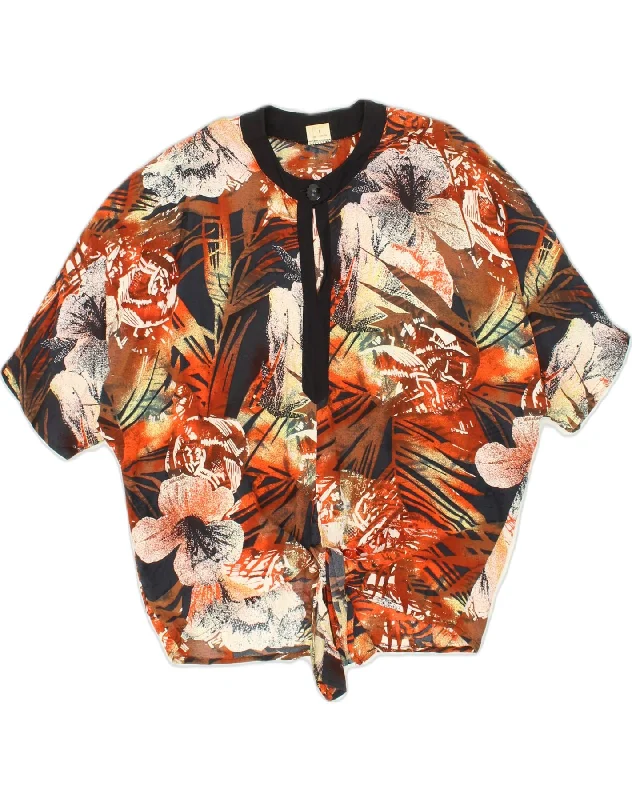 VINTAGE Womens Short Sleeve Pullover Shirt UK 20 2XL Brown Floral Viscose Ruffle Sleeve Feminine VINTAGE Womens Short Sleeve Pullover Shirt UK 20 2XL Brown Floral Viscose Ruffle Sleeve Feminine