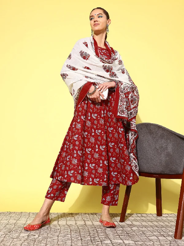 Women's Maroon Printed Anarkali Kurta With Trouser And Dupatta - Nayo Clothing Trousers Denim Distressed Women's Maroon Printed Anarkali Kurta With Trouser And Dupatta - Nayo Clothing Trousers Denim Distressed