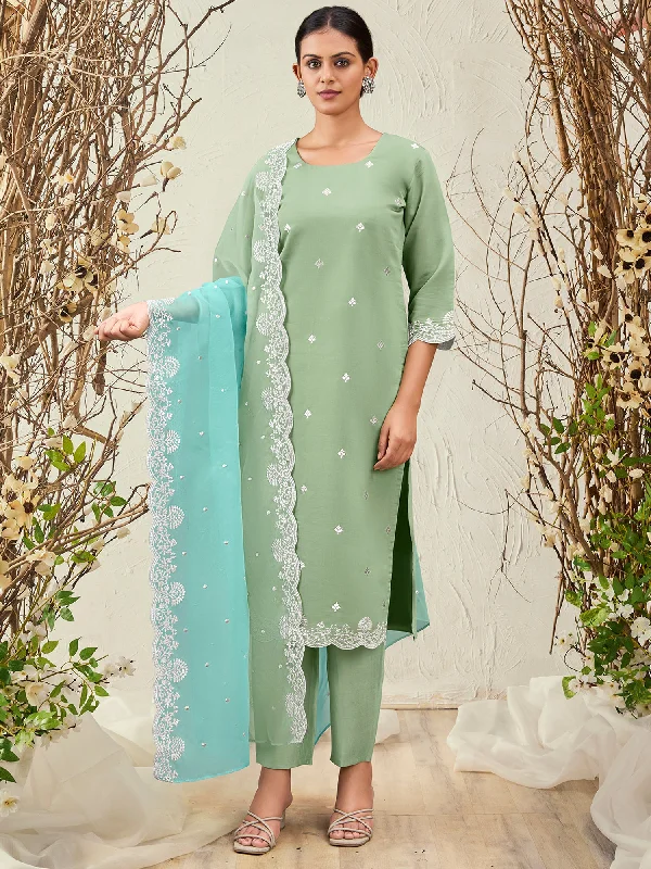 Women Sea Green Straight Embroidered Kurta Trousers With Dupatta Set Trousers Versatile Stylish Women Sea Green Straight Embroidered Kurta Trousers With Dupatta Set Trousers Versatile Stylish