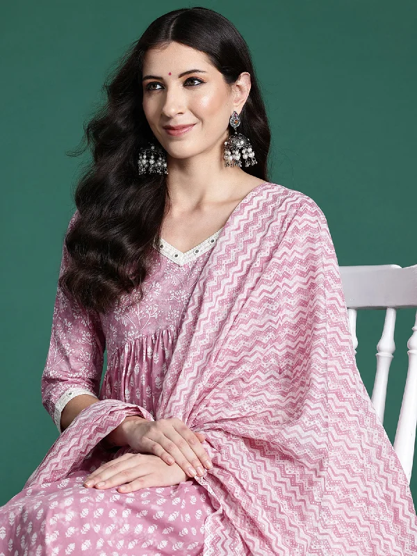 Women Pink Printed A-Line Kurta Trousers With Dupatta Set Trousers Satin Smooth