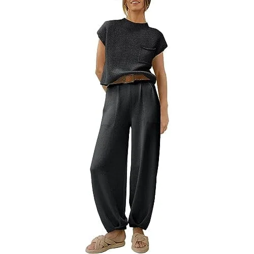 2-Piece Set: Women's Knit Pullover Tops and High Waisted Pants Tracksuit Lounge Sets Bell Sleeve Stylish 2-Piece Set: Women's Knit Pullover Tops and High Waisted Pants Tracksuit Lounge Sets Bell Sleeve Stylish