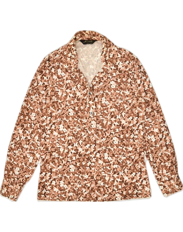 VINTAGE Womens Pullover Shirt UK 14 Medium Brown Floral Halter Neck Top