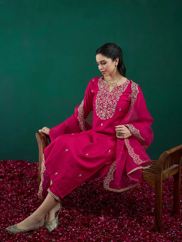 Women Pink Embroidered Straight Kurta Trousers With Dupatta Set Wide Leg Loose Fit Mid Waist Women Pink Embroidered Straight Kurta Trousers With Dupatta Set Wide Leg Loose Fit Mid Waist