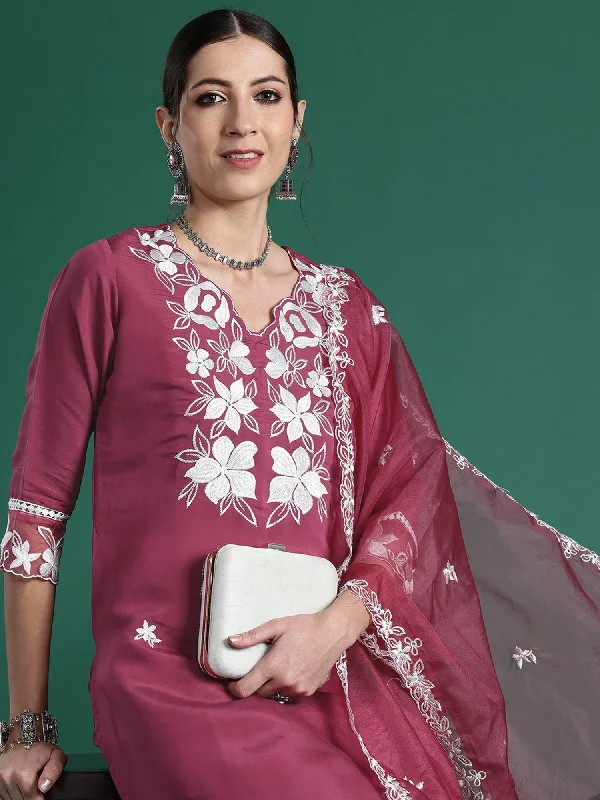 Women Pink Embroidered Straight Kurta Trousers With Dupatta Set Trousers Leisure Comfortable Women Pink Embroidered Straight Kurta Trousers With Dupatta Set Trousers Leisure Comfortable