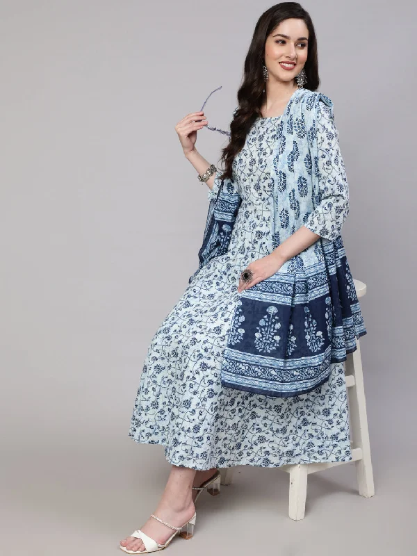 Women's Blue Floral Printed Anarkali Kurta With Trouser And Dupatta - Nayo Clothing Trousers Summer Linen Women's Blue Floral Printed Anarkali Kurta With Trouser And Dupatta - Nayo Clothing Trousers Summer Linen
