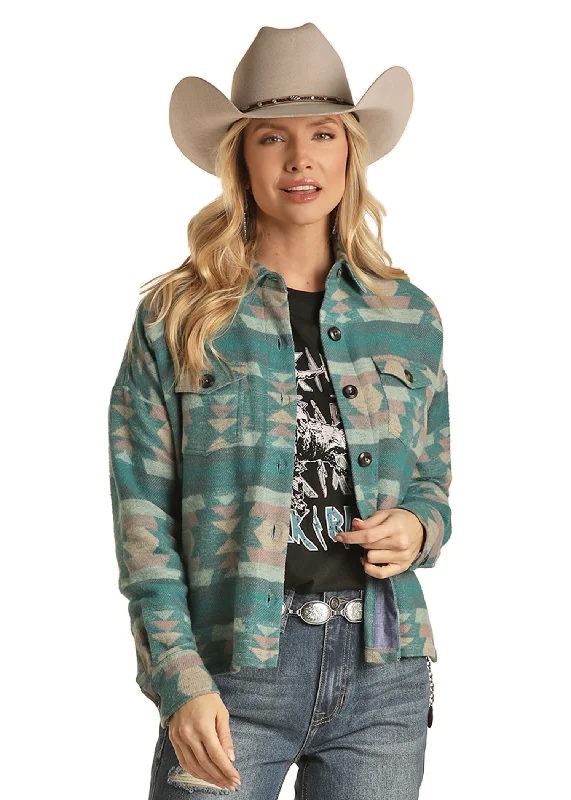 Rock & Roll Cowgirl Women's Boxy Fit Shirt Jacket Teal Notch Collar Peter Pan Collar Cowl Neck Rock & Roll Cowgirl Women's Boxy Fit Shirt Jacket Teal Notch Collar Peter Pan Collar Cowl Neck