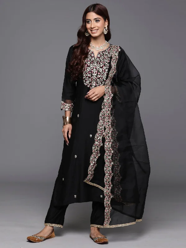 Women Black Embroidered Straight Kurta Trousers With Dupatta Set Trousers Lace Delicate Women Black Embroidered Straight Kurta Trousers With Dupatta Set Trousers Lace Delicate