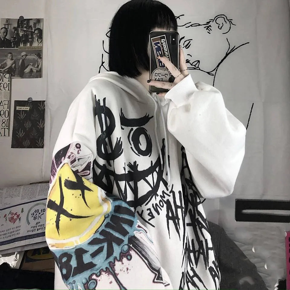 Gothic Cartoon Hip Hop Hoodies Women Japanese Funny Punk Oversize Hooded Sweatshirts Autumn Long Sleeve Female Hoodie Tops Hoodie with Hem Ribbing Snug Secure