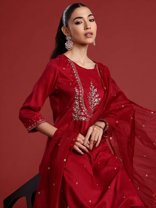 Women Maroon Embroidered Straight Kurta Trousers With Dupatta Set Trousers Party Sparkling Women Maroon Embroidered Straight Kurta Trousers With Dupatta Set Trousers Party Sparkling