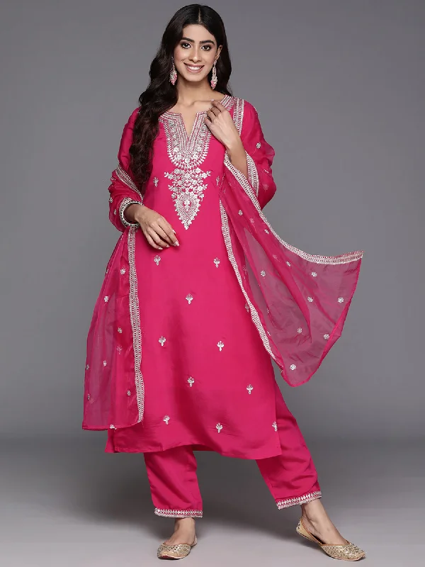 Women Pink Embroidered Straight Kurta Trousers With Dupatta Set Trousers chic elegant Women Pink Embroidered Straight Kurta Trousers With Dupatta Set Trousers chic elegant