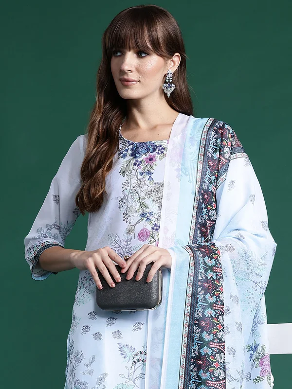Women Blue Printed Straight Kurta Trousers With Dupatta Set Trousers Seasonal Trendy Women Blue Printed Straight Kurta Trousers With Dupatta Set Trousers Seasonal Trendy