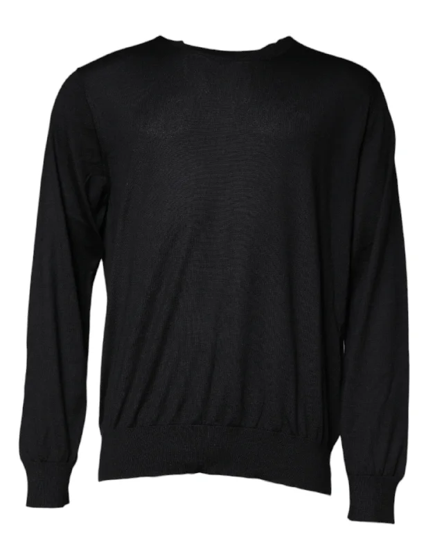 Black Cashmere Crew Neck Pullover Sweater Gathered Sleeve Pullover