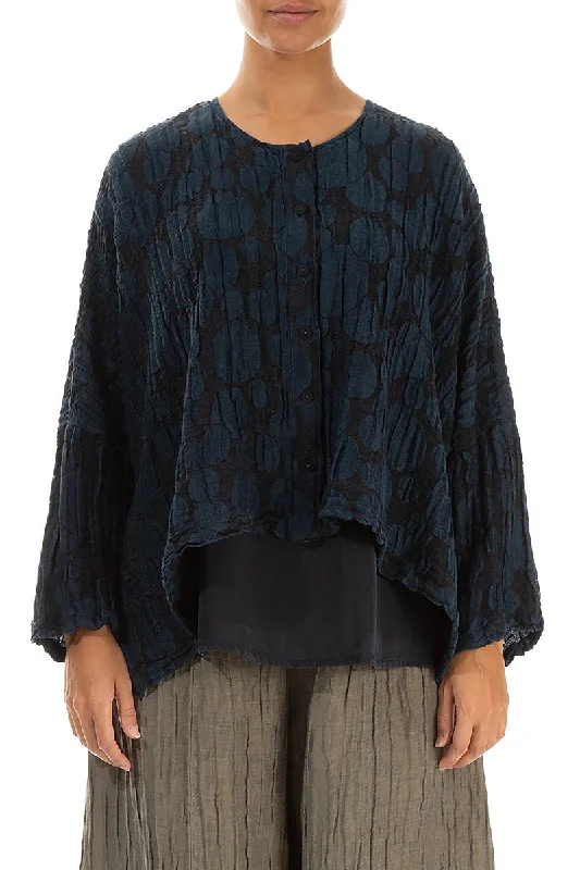 Loose Midnight Blue Circle Silk Linen Jacket Welt Pockets Slit Pockets Flap Pockets