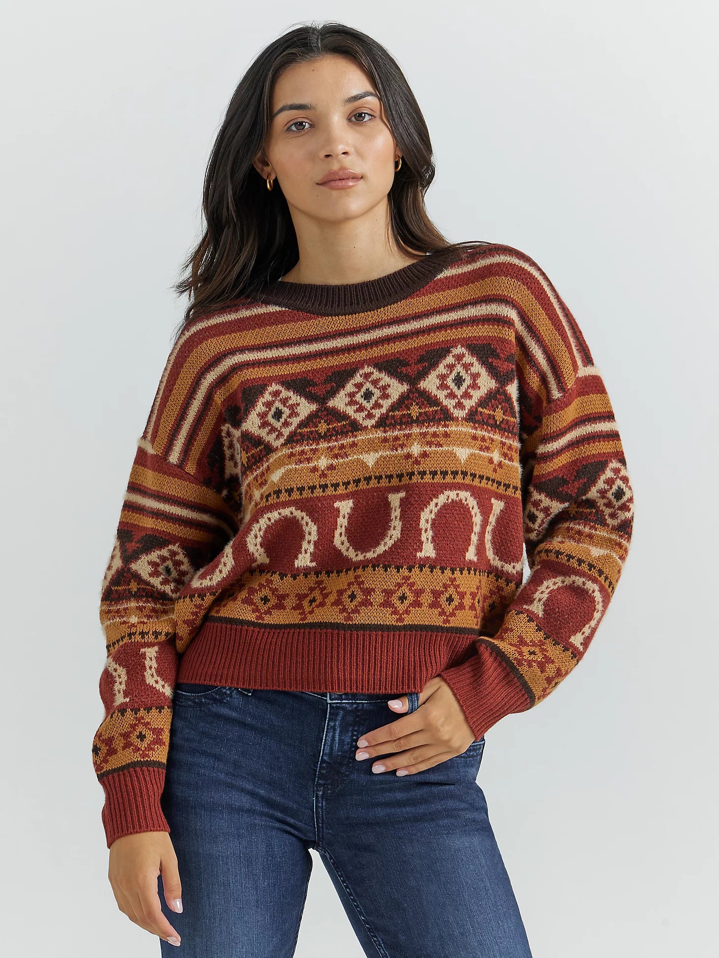 Wrangler Retro Women's Southwestern Pullover Sweater in Horseshoe Burgundy Cable Knit Chunky Wrangler Retro Women's Southwestern Pullover Sweater in Horseshoe Burgundy Cable Knit Chunky