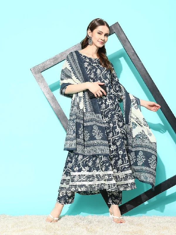 Women's Grey Paisely Printed Anarkali Kurta With Trouser And Dupatta - Nayo Clothing Trousers Modern Contemporary Women's Grey Paisely Printed Anarkali Kurta With Trouser And Dupatta - Nayo Clothing Trousers Modern Contemporary