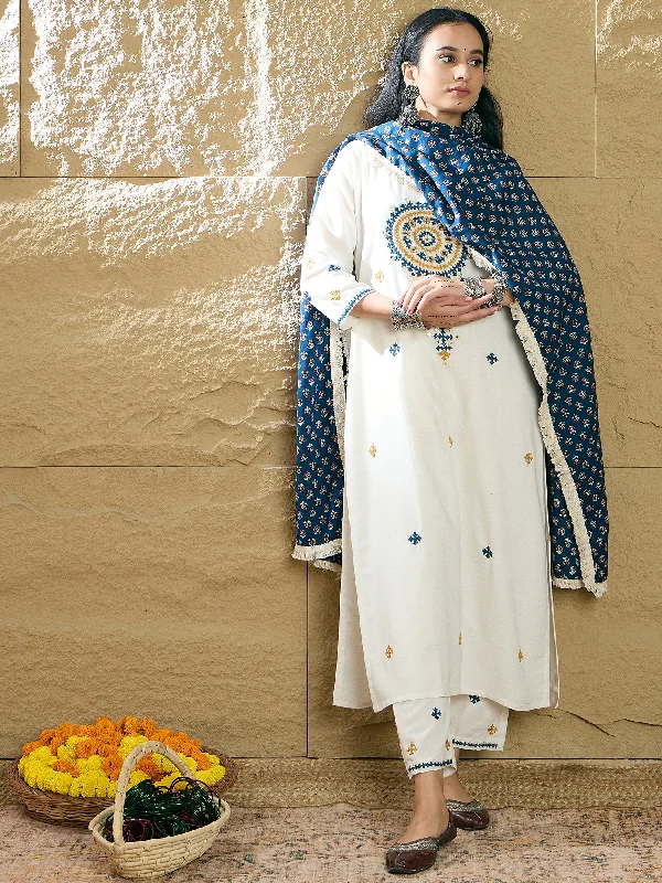 Women Cream Embroidered Straight Kurta Trousers With Dupatta Set Trousers Travel Practical Women Cream Embroidered Straight Kurta Trousers With Dupatta Set Trousers Travel Practical