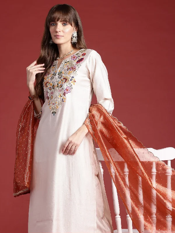 Women Off White Embroidered Straight Kurta Trousers With Dupatta Set Trousers Seasonal Trendy Women Off White Embroidered Straight Kurta Trousers With Dupatta Set Trousers Seasonal Trendy
