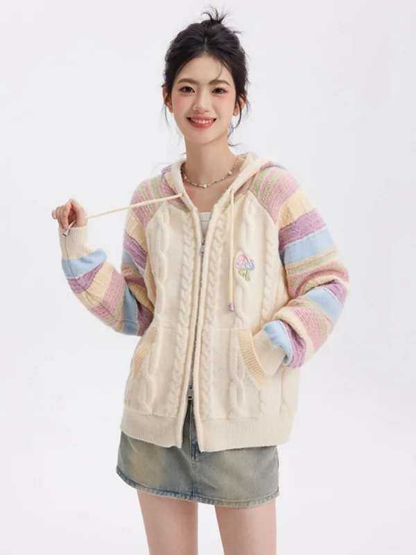 Candy colored rainbow sleeve cable knit hoodie cardigan NTO0056 Hoodie with Thumb Holes Functional Cozy Candy colored rainbow sleeve cable knit hoodie cardigan NTO0056 Hoodie with Thumb Holes Functional Cozy