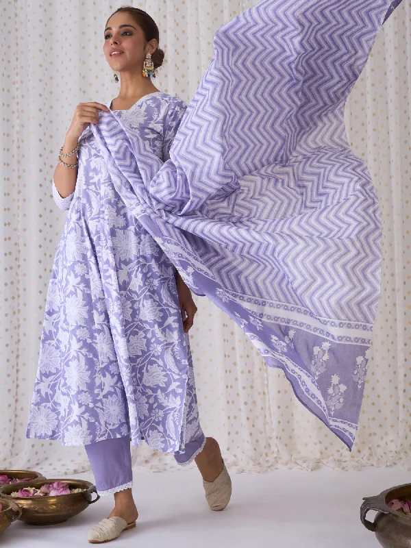 Women Lavender Printed A-Line Kurta Trousers With Dupatta Set Trousers Floral Bohemian Women Lavender Printed A-Line Kurta Trousers With Dupatta Set Trousers Floral Bohemian