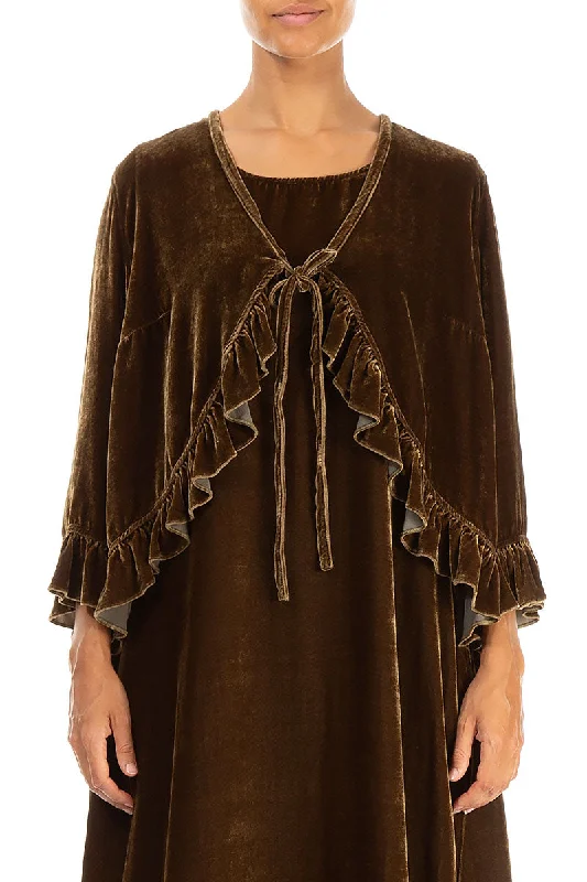 Ruffled Tie-Up Golden Sage Silk Velvet Jacket Welt Pockets Slit Pockets Flap Pockets Ruffled Tie-Up Golden Sage Silk Velvet Jacket Welt Pockets Slit Pockets Flap Pockets