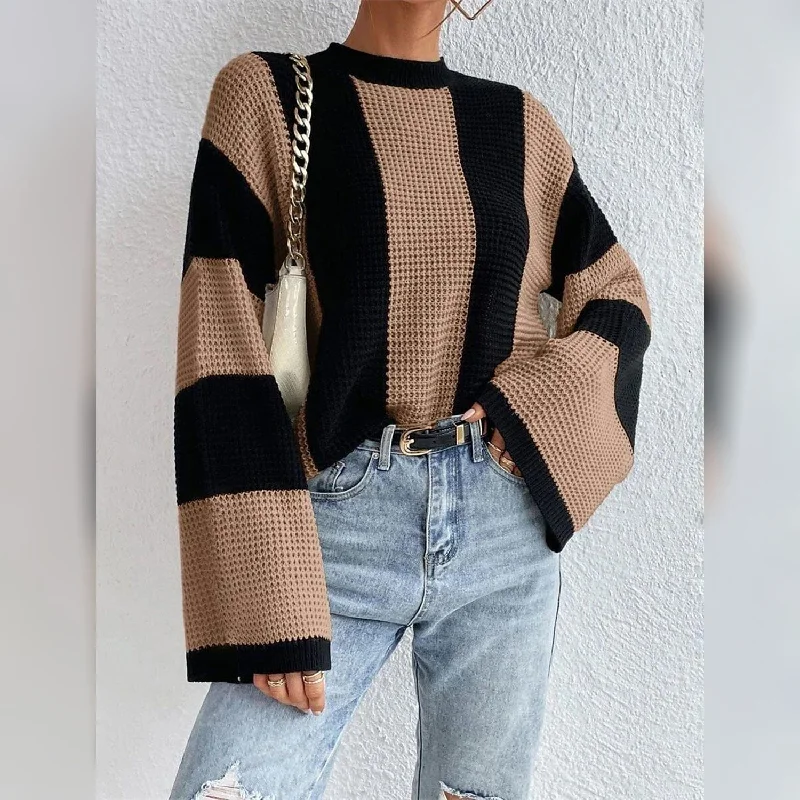Women's Pullover Ribbed Knit Patchwork Striped Sweater Flutter Sleeve Feminine