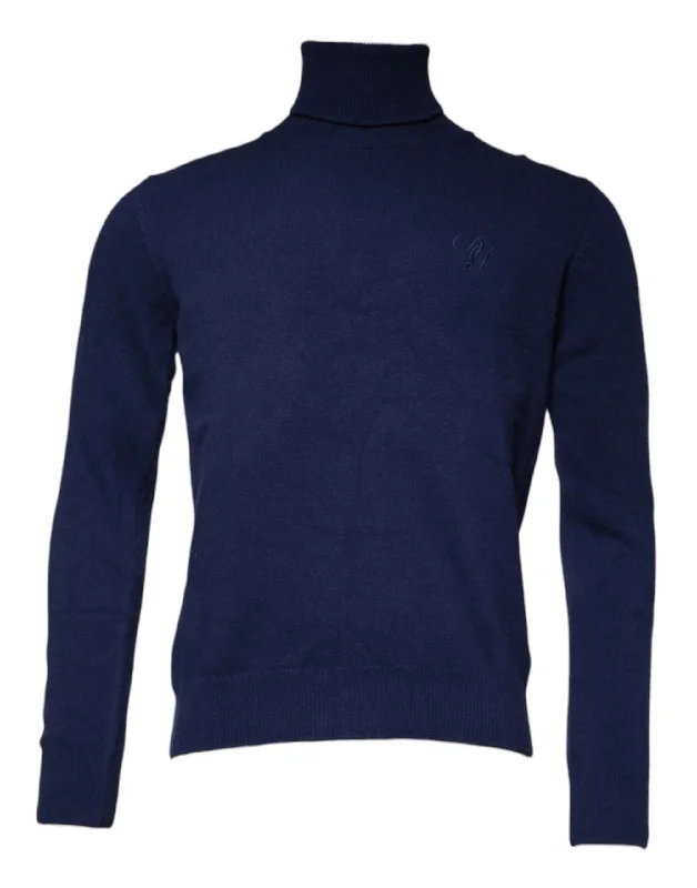 Blue Wool Knit Turtleneck Pullover Sweater Flutter Sleeve Feminine