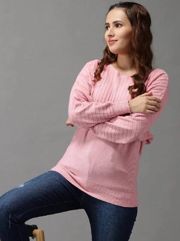 Women's Pink Solid Pullover Sweater-BLR-20-Pink Slit Sleeve Stylish
