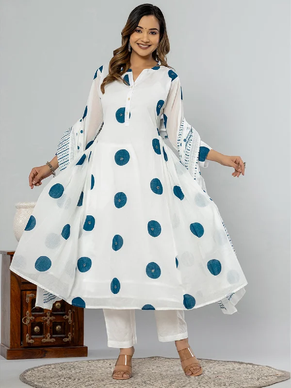 Women Off White Printed A-Line Kurta Trousers With Dupatta Set Trousers Handmade Artisanal Women Off White Printed A-Line Kurta Trousers With Dupatta Set Trousers Handmade Artisanal