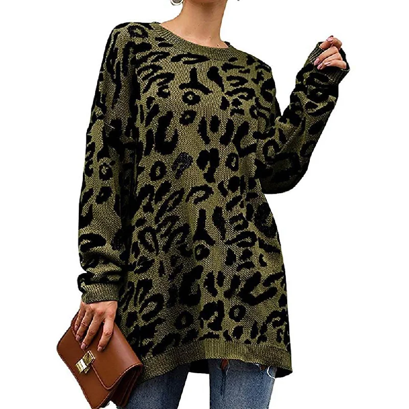 Women’s Casual Leopard Print Long Sleeve Crew Neck Knitted Oversized Pullover Sweaters Tops Boat Neck Sweater Women’s Casual Leopard Print Long Sleeve Crew Neck Knitted Oversized Pullover Sweaters Tops Boat Neck Sweater