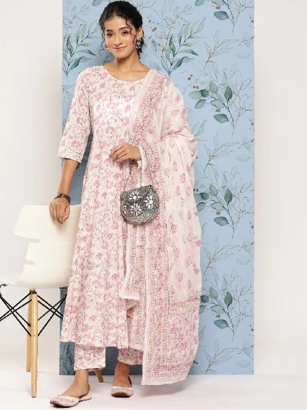 Women's Off- White & Pink Printed Anarkali Kurta With Trouser and Dupatta - Nayo Clothing Trousers Gym Athletic Women's Off- White & Pink Printed Anarkali Kurta With Trouser and Dupatta - Nayo Clothing Trousers Gym Athletic