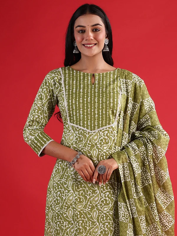 Women Green Printed Straight Kurta Trousers With Dupatta Set Trousers Tapered Slim Fit Women Green Printed Straight Kurta Trousers With Dupatta Set Trousers Tapered Slim Fit
