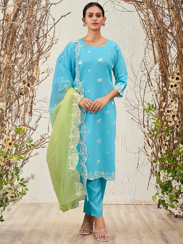 Women Blue Straight Embroidered Kurta Trousers With Dupatta Set Trousers Timeless Classic Women Blue Straight Embroidered Kurta Trousers With Dupatta Set Trousers Timeless Classic