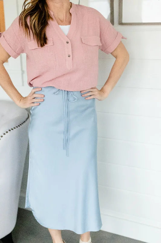 Light Blue Belted Satin Midi Skirt - FINAL SALE lace skirt intricate