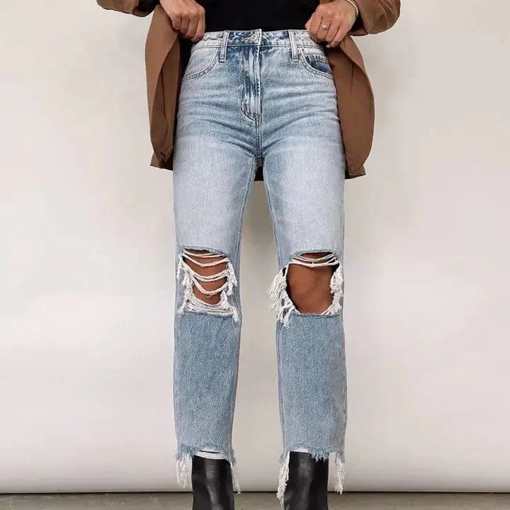 Water Washed Hole High Waist Loose Straight Trousers Trousers Occasion Special