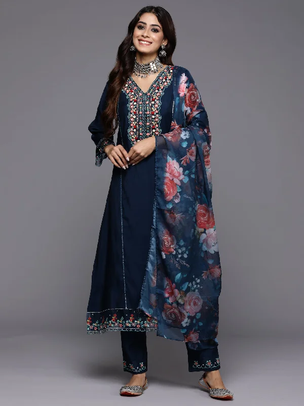 Women Blue Embroidered A-Line Kurta Trousers With Dupatta Set Trousers Flared Retro