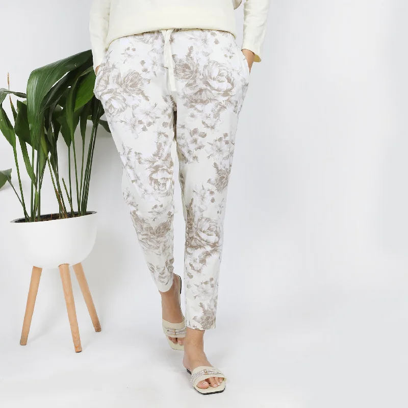 Women's Printed Trouser - Cream Trousers High Rise Slim Fit