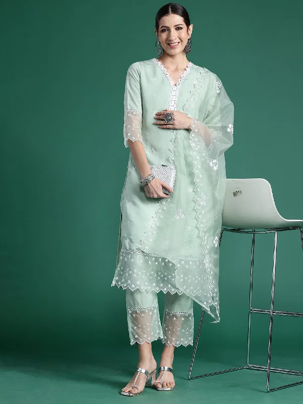Women Sea Green Embroidered Straight Kurta Trousers With Dupatta Set Trousers Capri Summer Women Sea Green Embroidered Straight Kurta Trousers With Dupatta Set Trousers Capri Summer