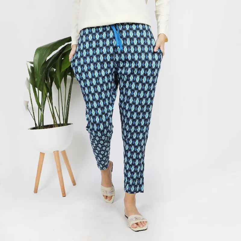 Women's Stretched Printed Trouser - Blue & Green Trousers Capri Summer
