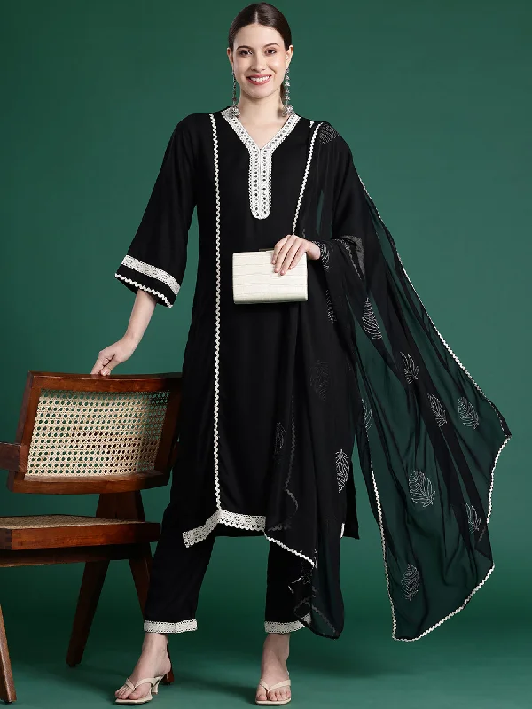 Women Black Embroidered Straight Kurta Trousers With Dupatta Set Trousers cozy soft