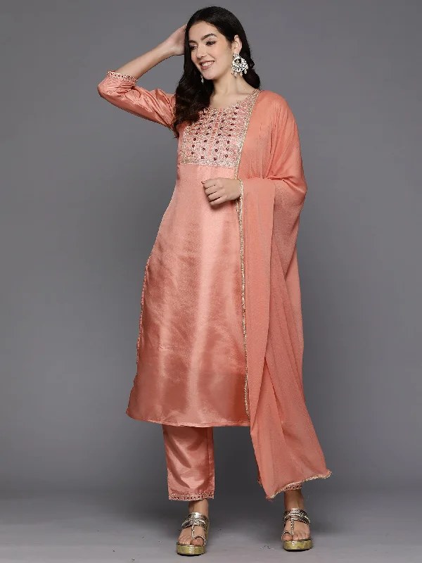 Women Peach Embroidered Straight Kurta Trousers With Dupatta Set Trousers luxurious high-end