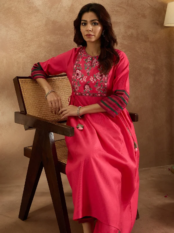 Women Pink Embroidered A-Line Kurta Trousers Set Trousers Review Highly