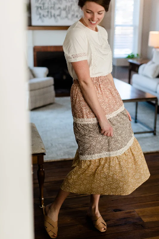 Tiered Colorblock Floral Midi Skirt - FINAL SALE lace skirt intricate
