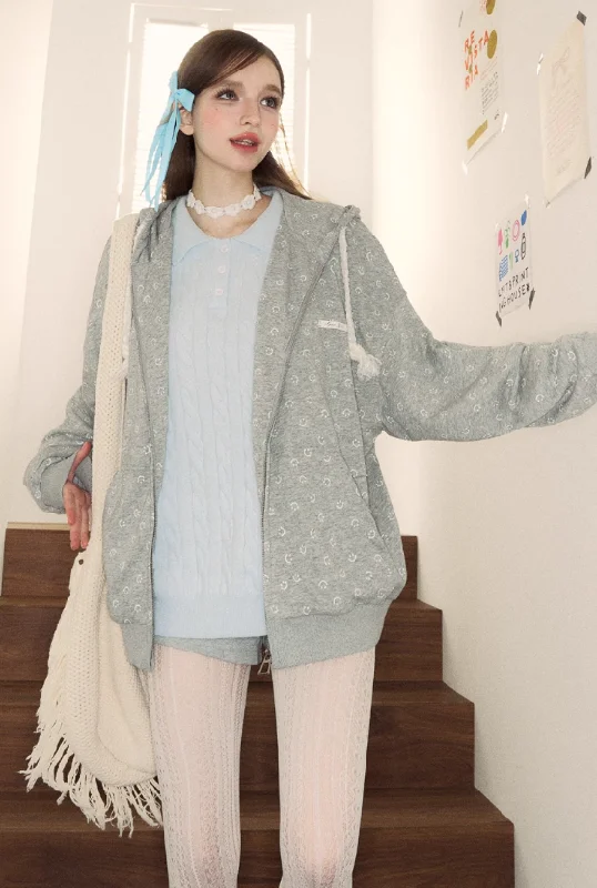 Small Smile Pattern Loose Hoodie Top SPE0051 Hoodie with Full-Zip Functional Layering Small Smile Pattern Loose Hoodie Top SPE0051 Hoodie with Full-Zip Functional Layering