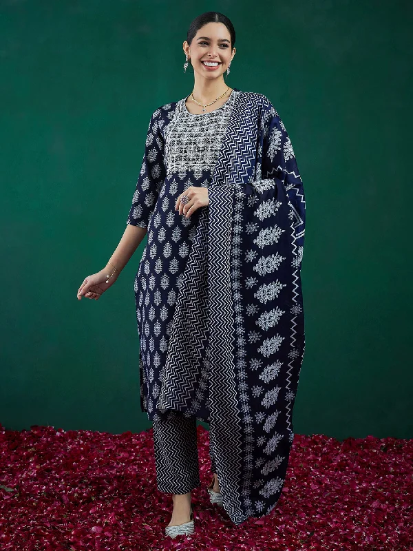 Women Blue Printed Straight Kurta Trousers With Dupatta Set Trousers versatile all-occasion Women Blue Printed Straight Kurta Trousers With Dupatta Set Trousers versatile all-occasion