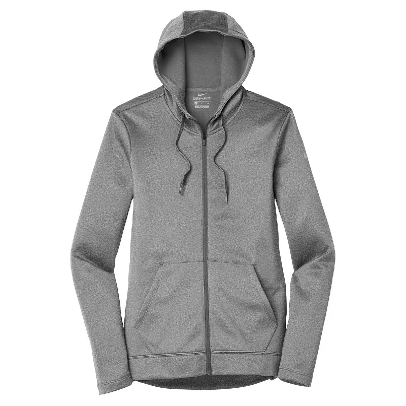 Nike Women's Dark Grey Heather Therma-FIT Full-Zip Fleece Hoodie Hoodie with Bell Sleeves Flared Feminine Nike Women's Dark Grey Heather Therma-FIT Full-Zip Fleece Hoodie Hoodie with Bell Sleeves Flared Feminine