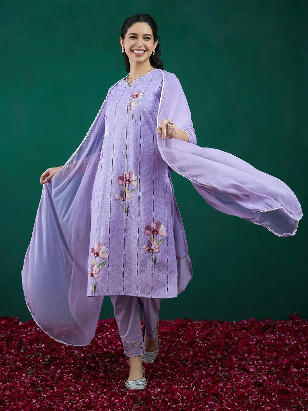 Women Purple Printed Straight Kurta Trousers With Dupatta Set Trousers Elastic Waist Soft Women Purple Printed Straight Kurta Trousers With Dupatta Set Trousers Elastic Waist Soft