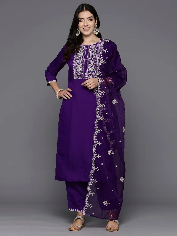 Women Purple Embroidered Straight Kurta Trousers With Dupatta Set Trousers Bridal Satin Women Purple Embroidered Straight Kurta Trousers With Dupatta Set Trousers Bridal Satin