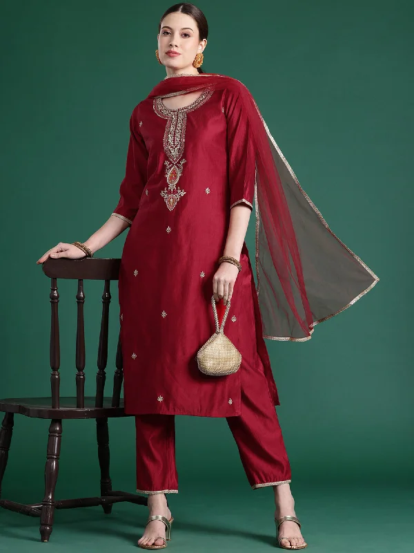 Women Red Embroidered Straight Kurta Trousers With Dupatta  Set Trousers Top Rated