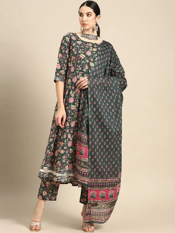 Women's Green & Pink Floral Anarkali Kurta With Trouser And Dupatta - Nayo Clothing Trousers Bridal Satin Women's Green & Pink Floral Anarkali Kurta With Trouser And Dupatta - Nayo Clothing Trousers Bridal Satin